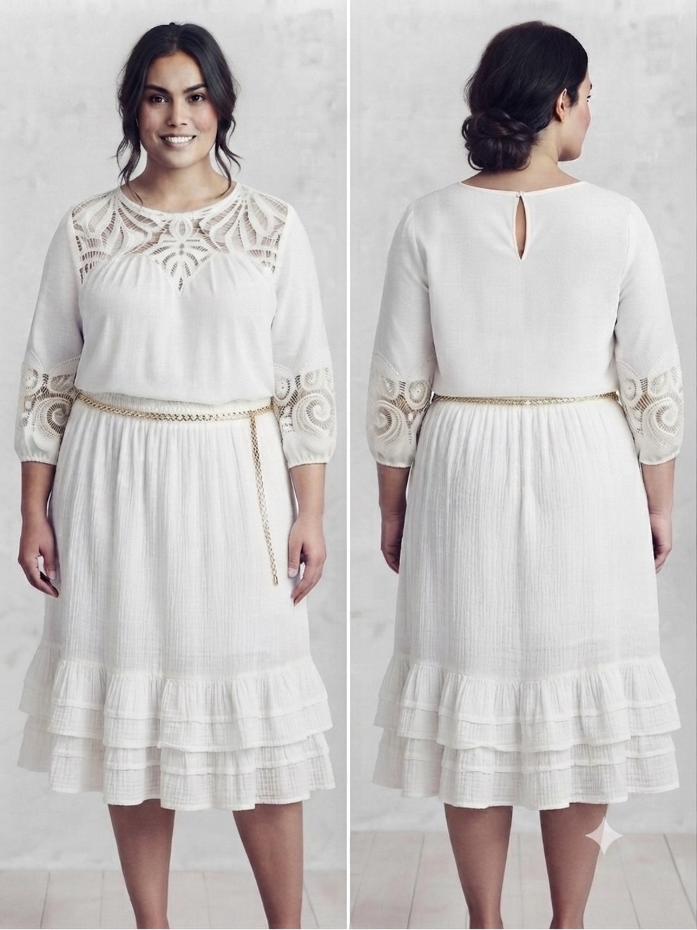 Crochet Yoke White Tunic with Lace-Trim Sleeves